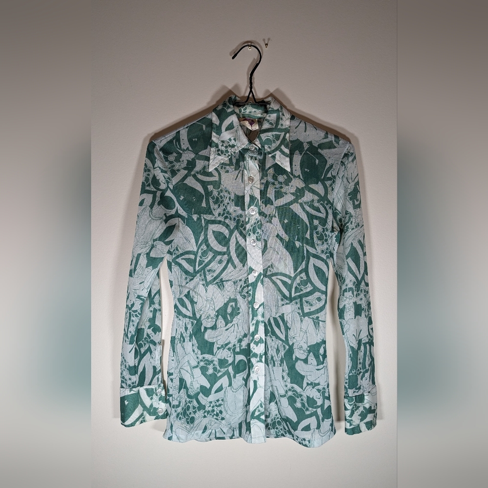 Vintage 70's Flapper Girl Dinner Party Button Up Shirt w/ Dagger Collar